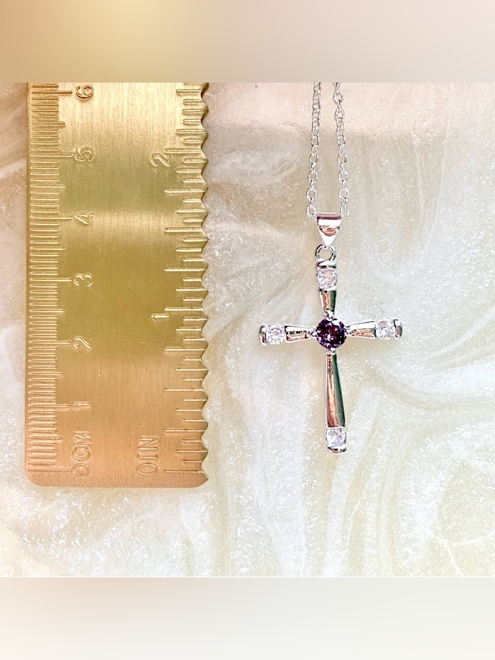 Silver Cross Pendant Necklace with purple cz Center Stone